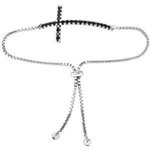 Sterling Silver Black CZ Sideways Cross Bracelet